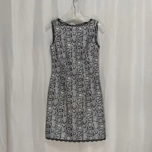 CDC Petites Sleeveless Sheath Dress Grey Black Reptile Print with Lace Size 6